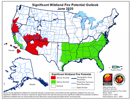 A map of the United States, released June 1 2020, showing Significant Wildland Fire Potential Outlooks for the month of June. 
