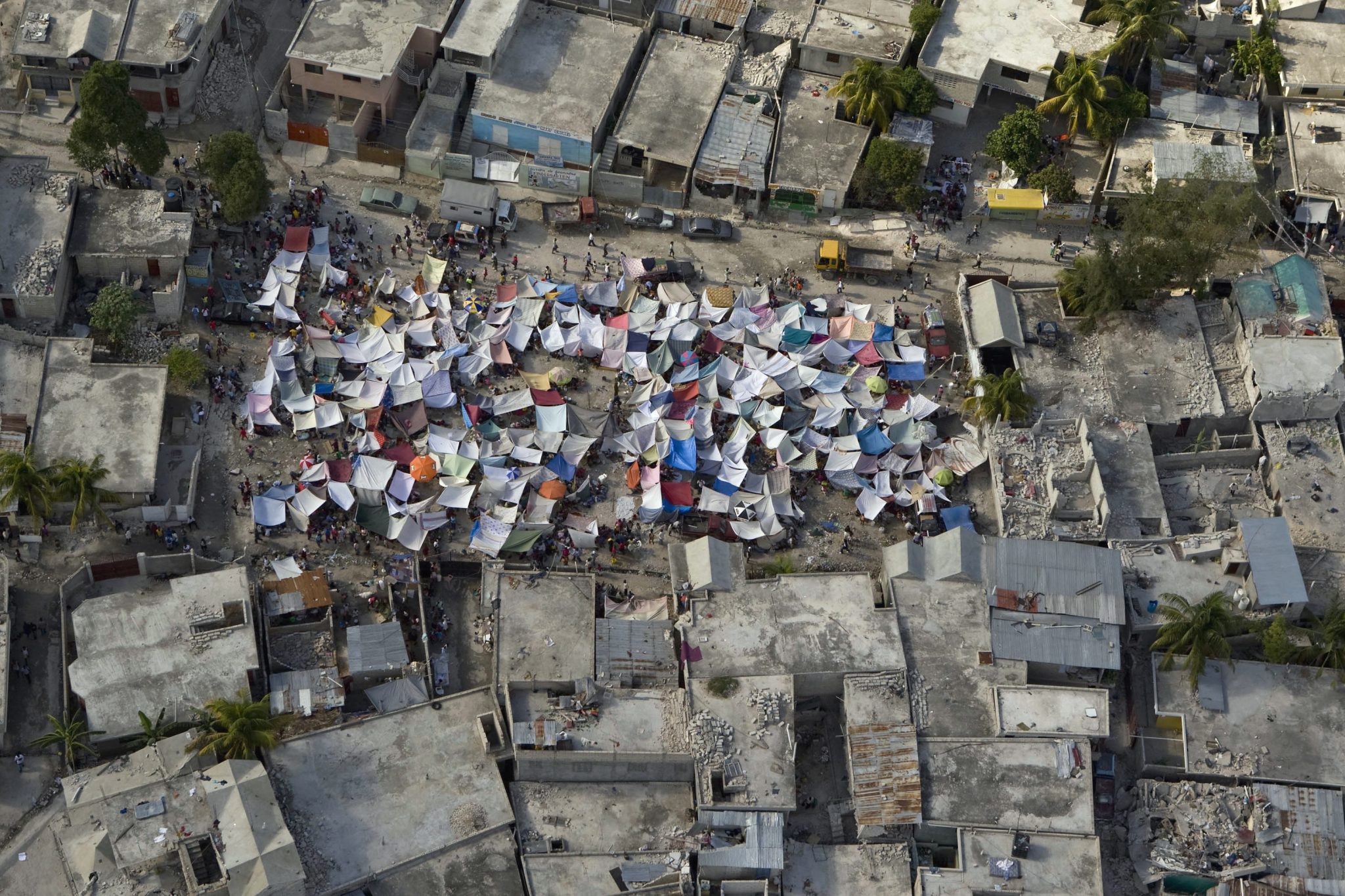 Survivors assemble a tent city following the 2010 earthquake in Haiti.