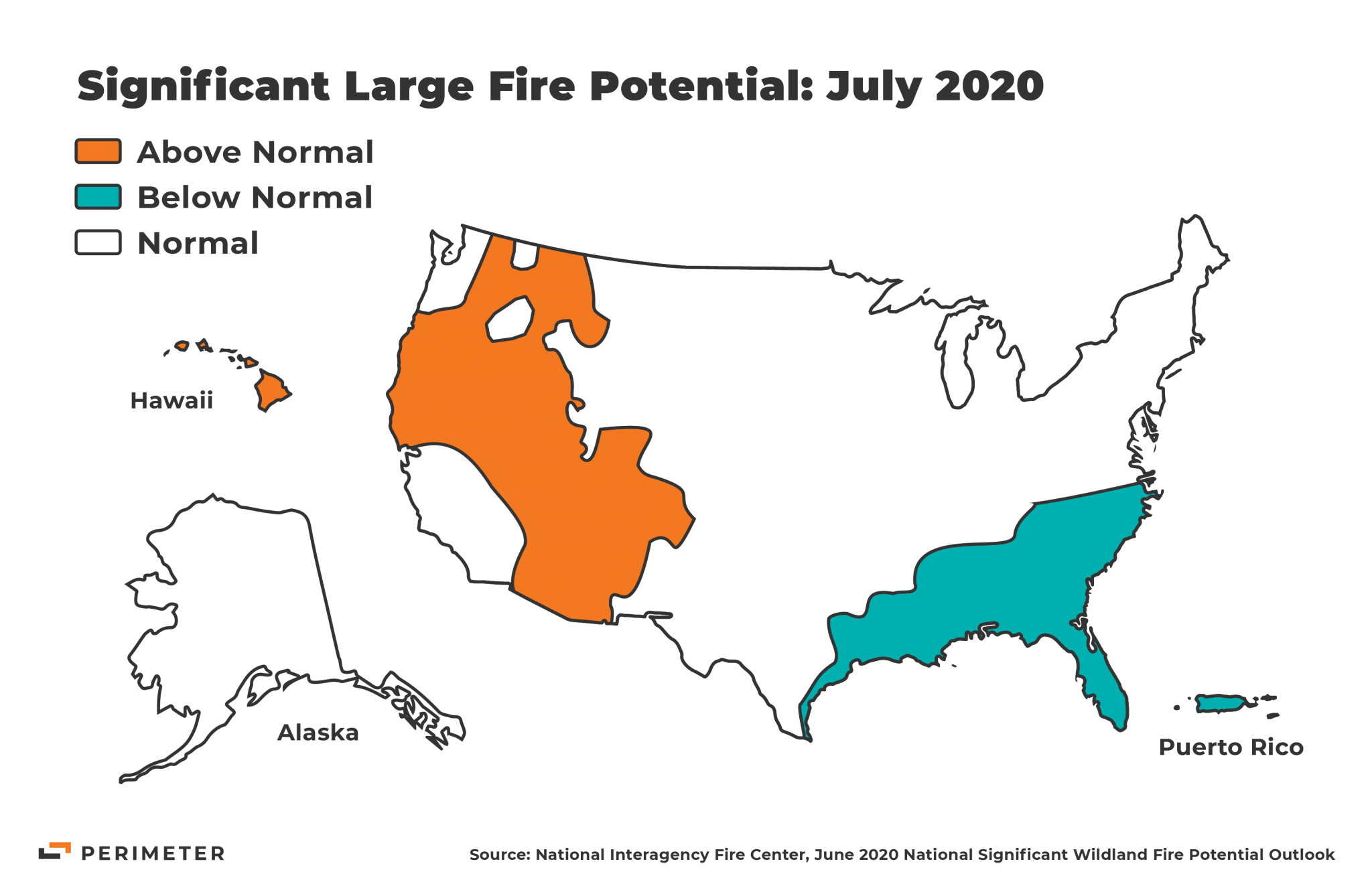 Map showing Above Normal, Below Normal, and Normal significant large fire potential risk zones for the United States in July 2020. 