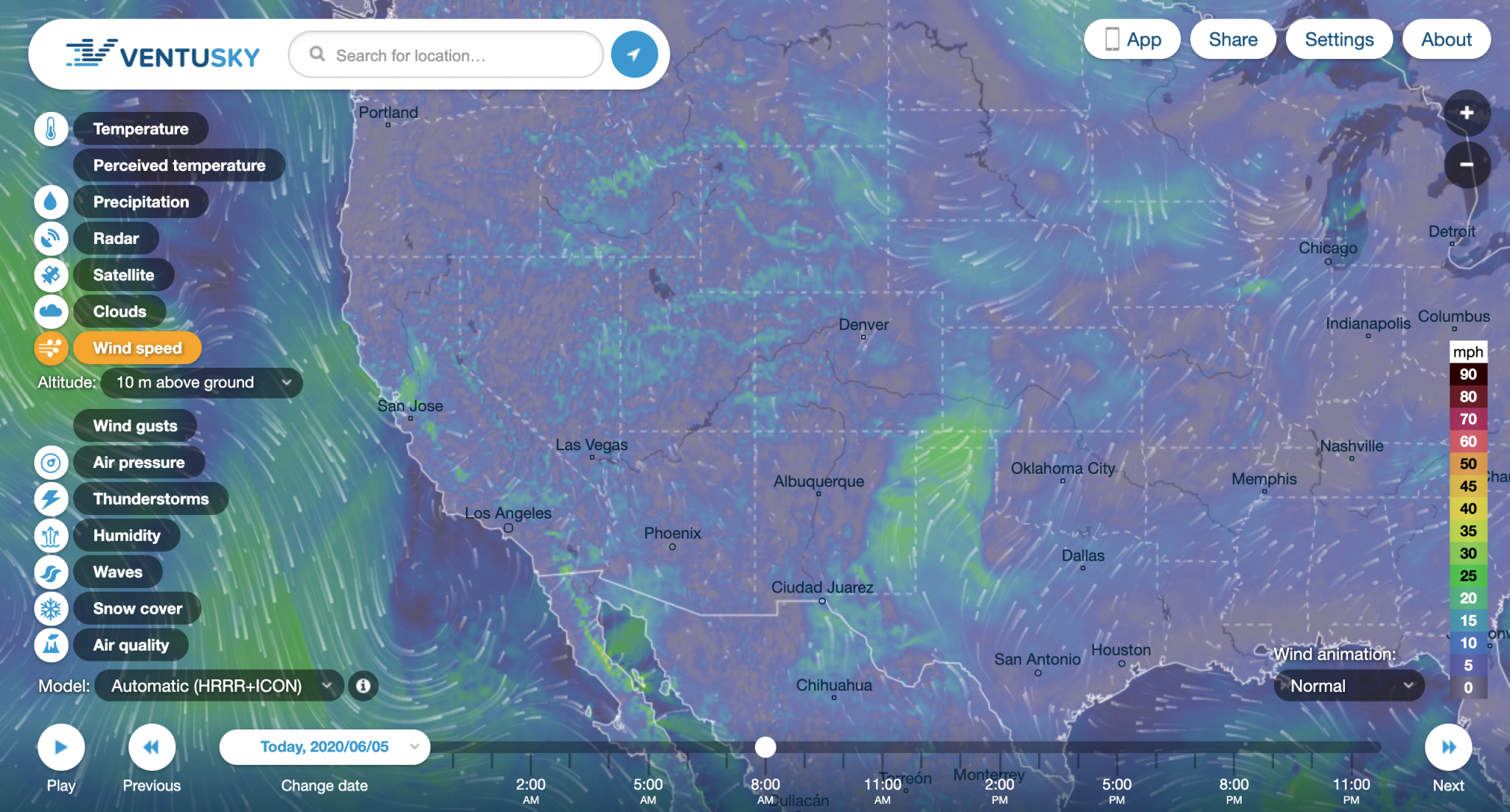 A screenshot of the Ventusky web application, showing wind speeds over the West Coast and Midwest of the United States. 