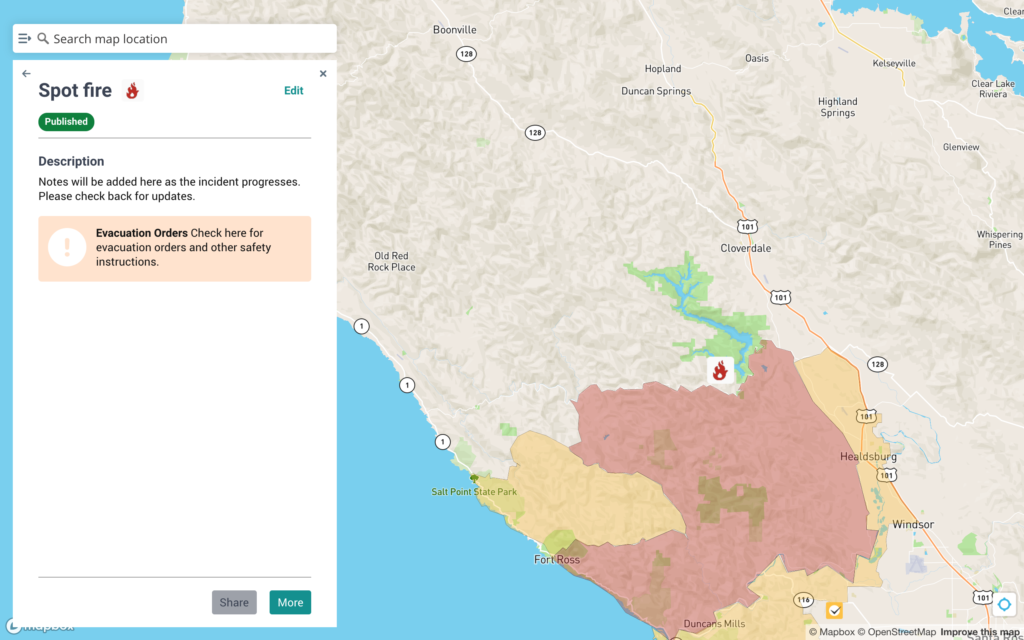 Screenshot of the Perimeter platform map. A spot fire incident is selected with full details displayed, while the map is positioned near Santa Rosa, California.
