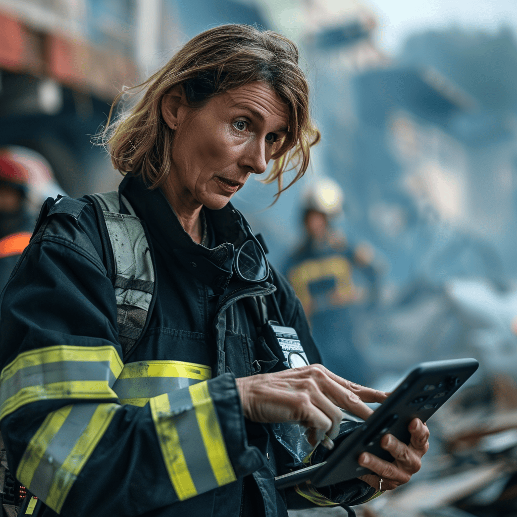 An emergency manager reviews a tablet device while on-site at a disaster.