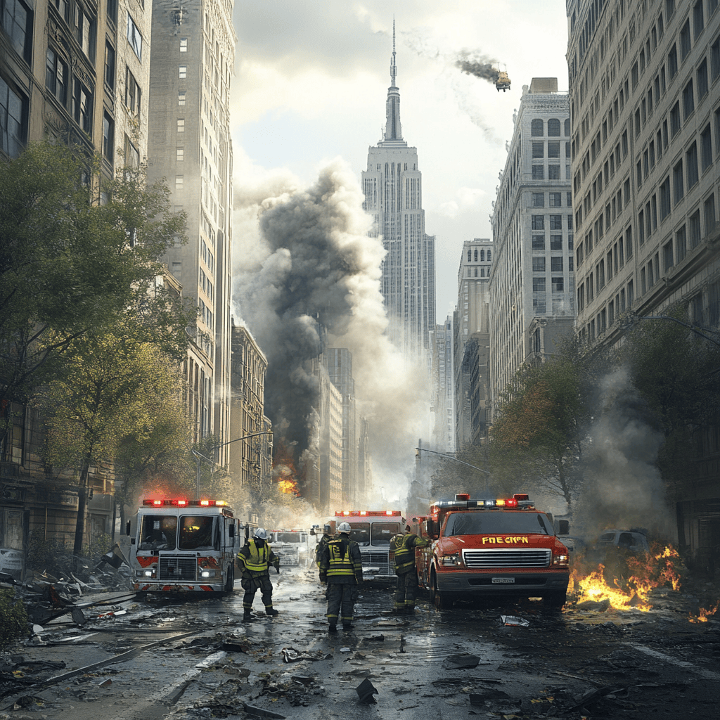 Firefighters stand among several fire trucks on an otherwise empty street, with damaged buildings and ongoing fires on the periphery.