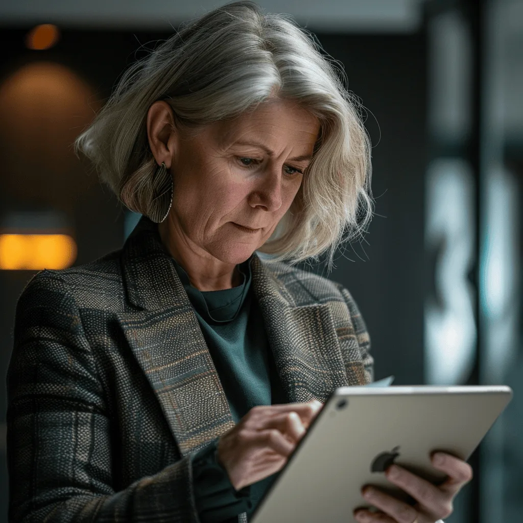 An emergency manager looks at a tablet device.