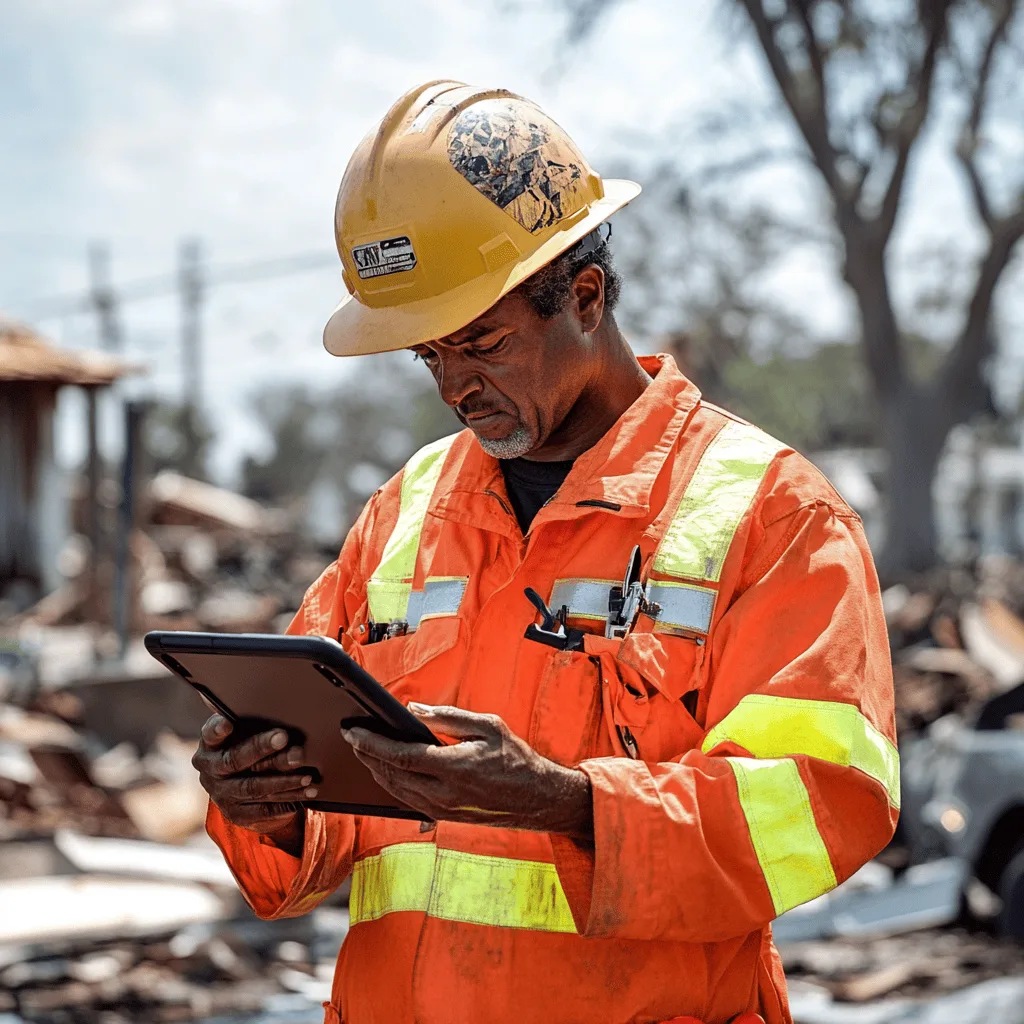 A first responder in an orange-and-yellow jacket and with a construction cap looks at a tablet device, with a destroyed home in the background.