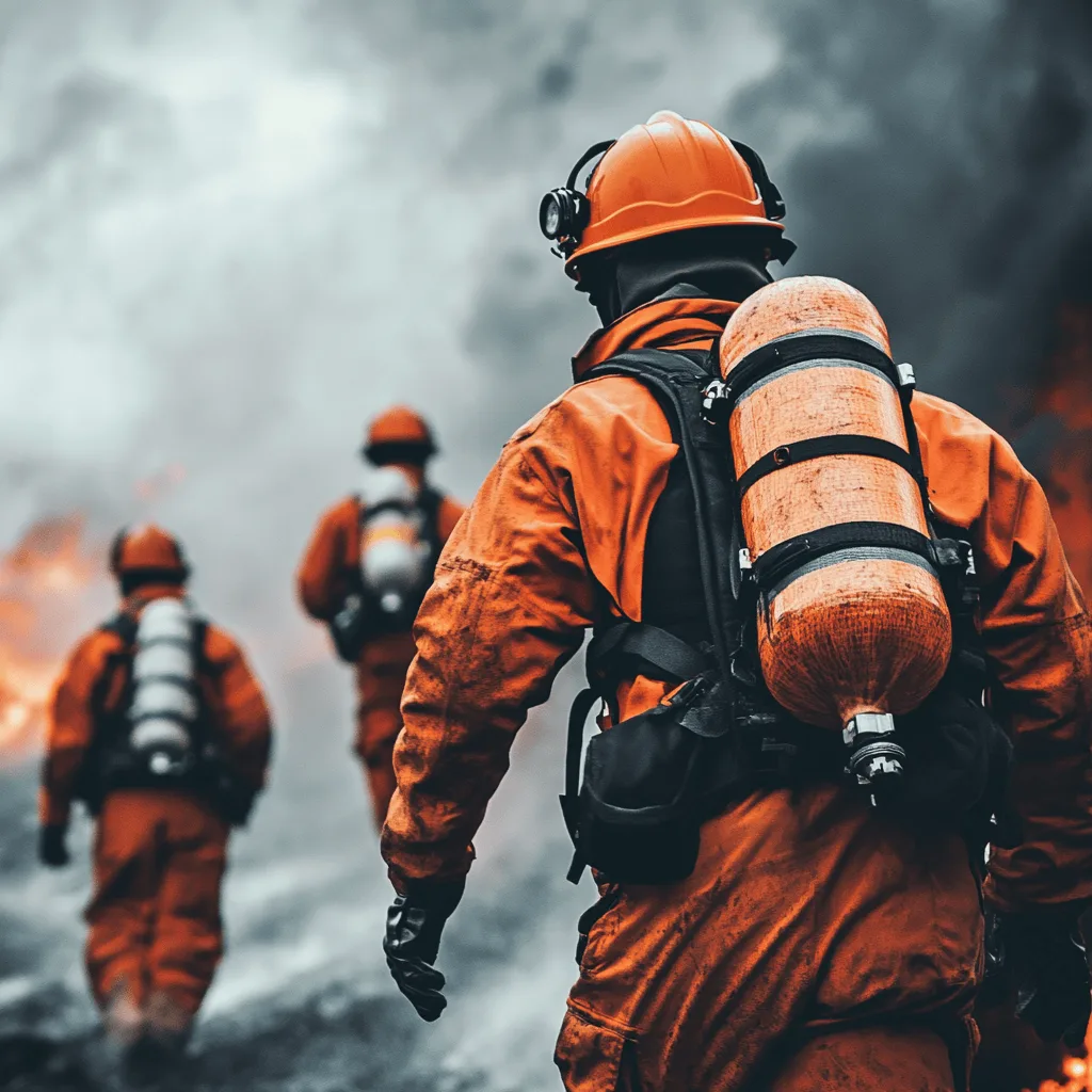 Three first responders in orange suits carrying large canisters on their back approach an incident in the distance.