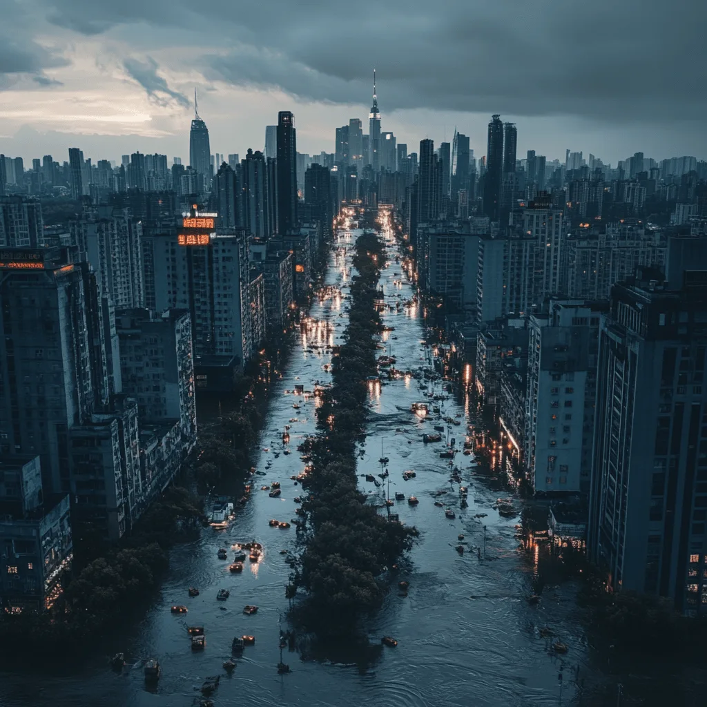 A view from a wide distance shows cars attempting to evacuate a flooded city, with deep water along the streets and tall skyscrapers on either side.