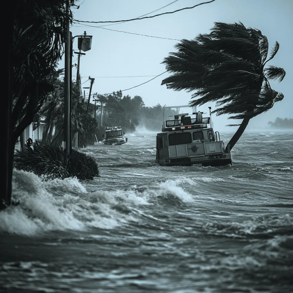 A boat surveys a flooded street in an area hit by a hurricane. A first responder checks the door of a nearby house for occupants, and a palm tree is hit by heavy winds nearby.