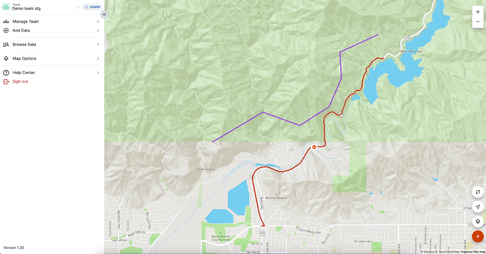 Example map showing a closed road in red and impact area in purple