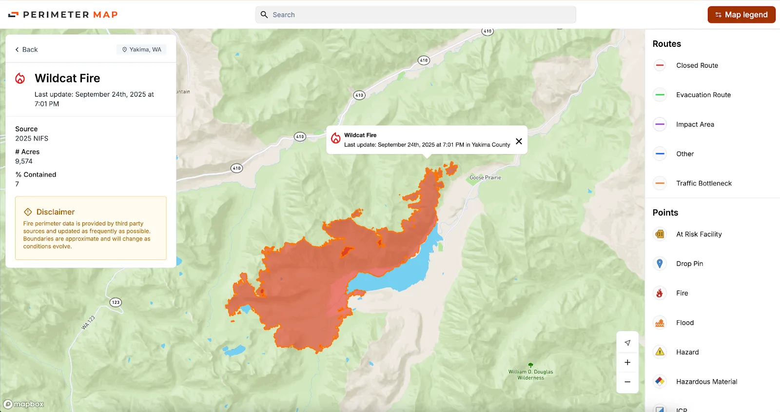 Map showing an overlay of the National Interagency Fire Center (NIFC) interactive wildfire layer on the Perimeter Public Web App