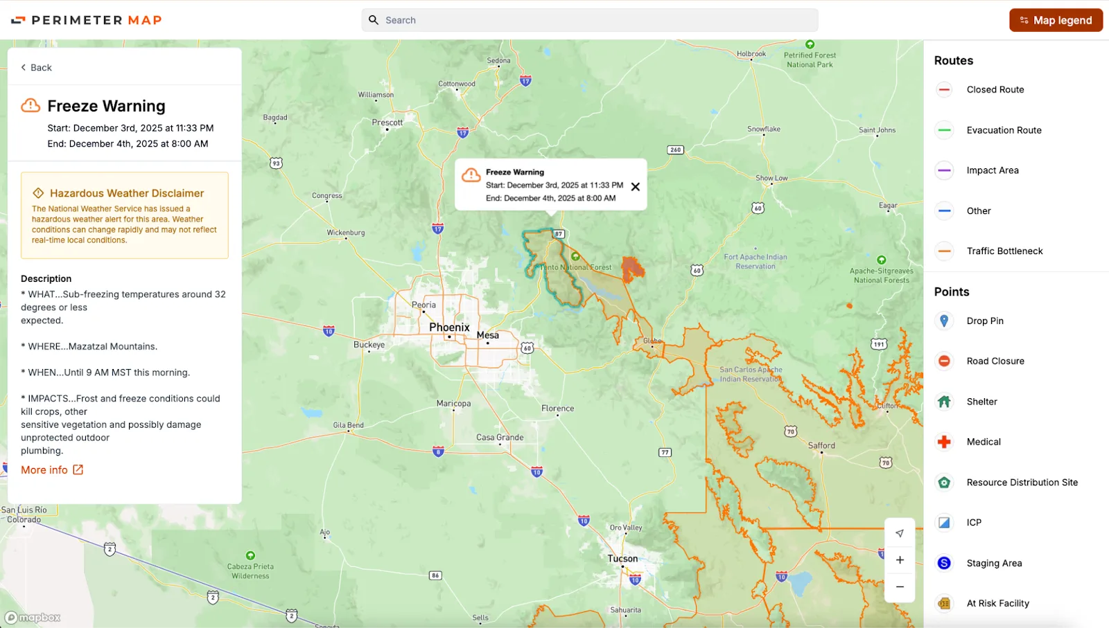 Screenshot of Perimeter map with NOAA Alert overlay